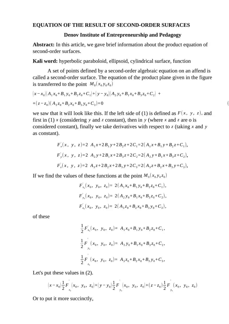 EQUATION OF THE RESULT OF SECOND-ORDER SURFACES 1