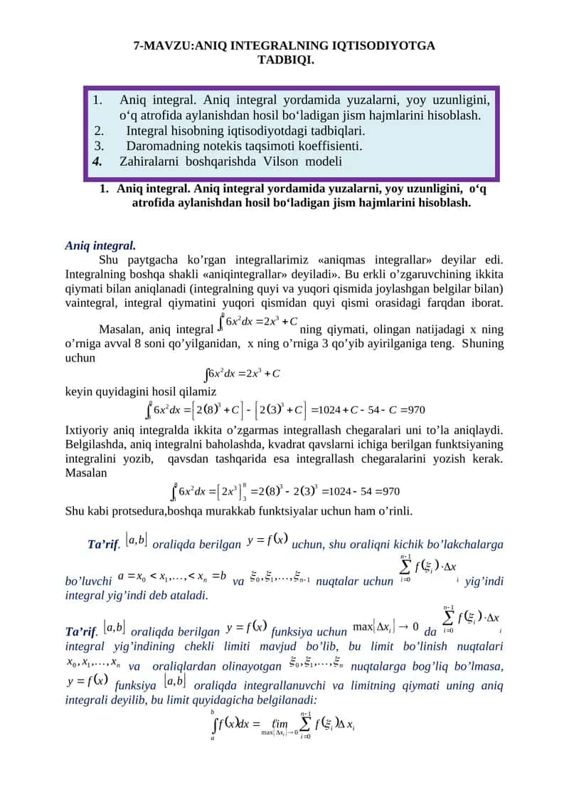 ANIQ INTEGRALNING IQTISODIYOTGA TADBIQI 1