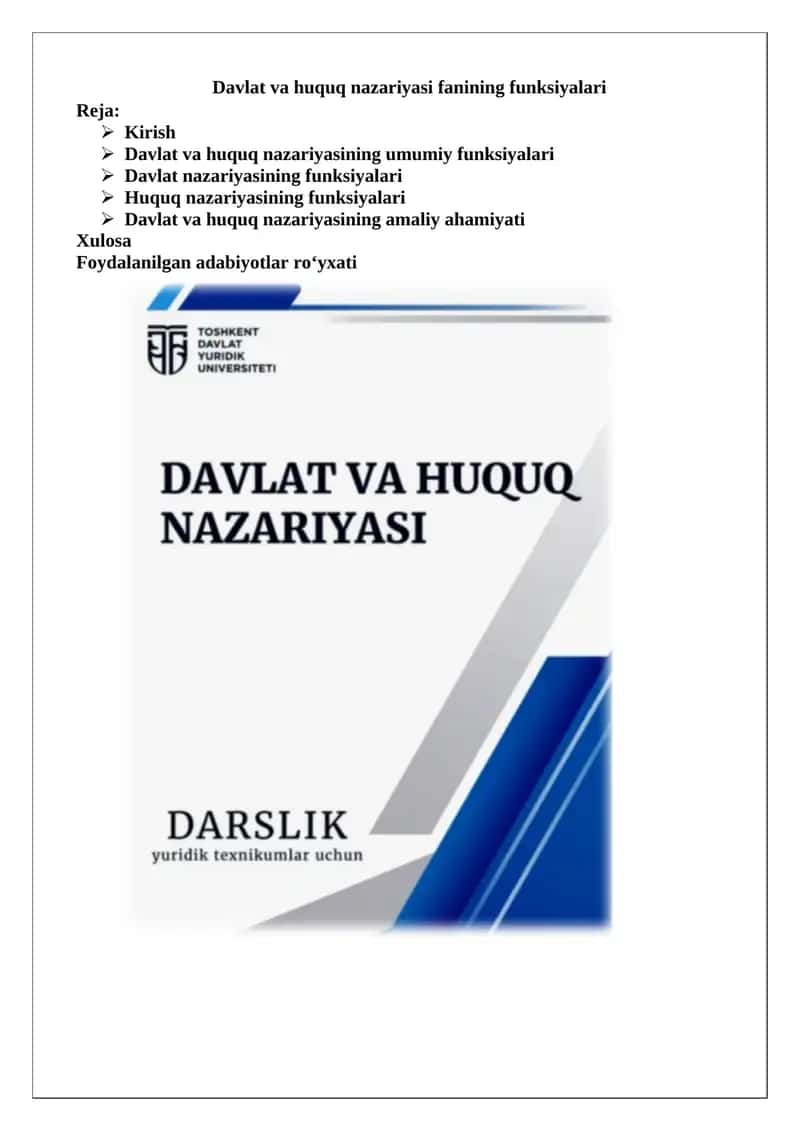 Davlat va huquq nazariyasi fanining funksiyalari 1