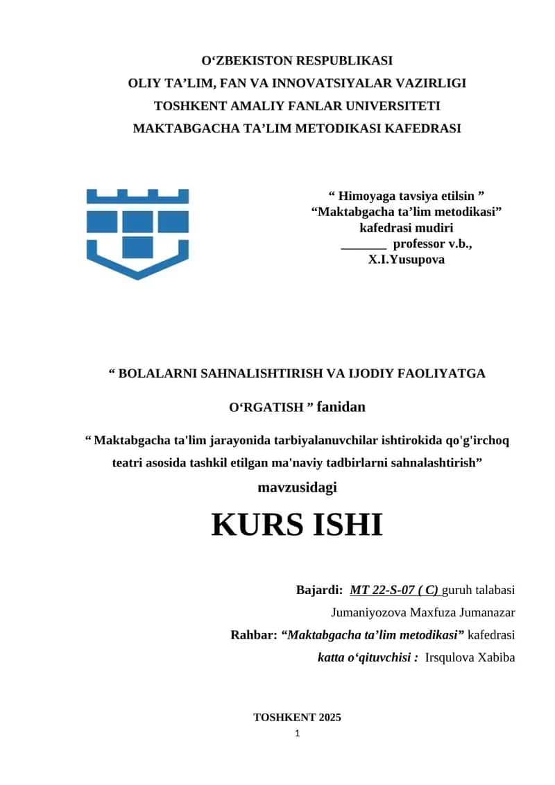 Maktabgacha ta'lim jarayonida tarbiyalanuvchilar ishtirokida qo'g'irchoq teatri asosida tashkil etilgan ma'naviy tadbirlarni sahnalashtirish2.docx 1