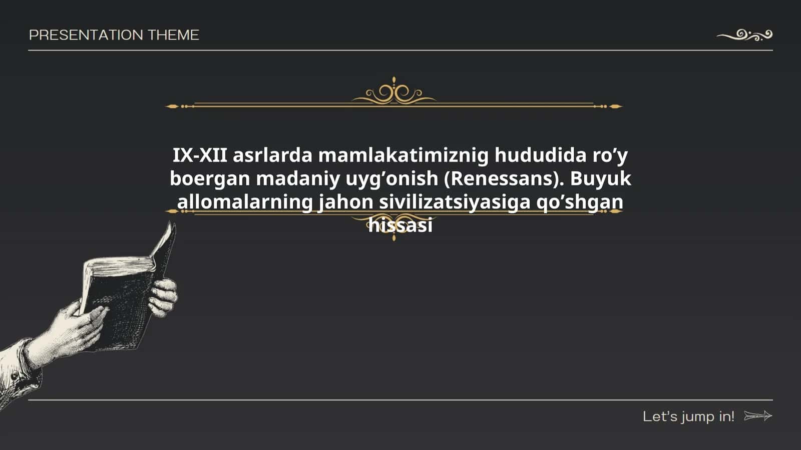 IX-XII asrlarda mamlakatimiznig hududida roʼy boergan madaniy uygʼonish (Renessans). Buyuk allomalarning jahon sivilizatsiyasiga qoʼshgan hissasi 1