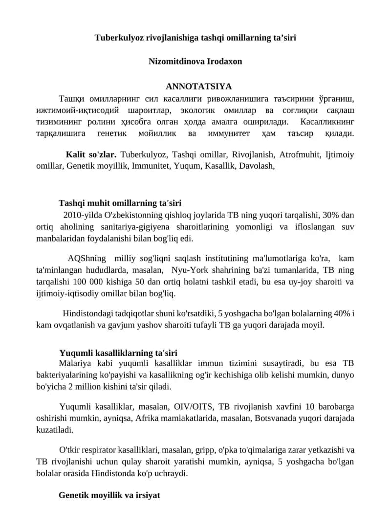 Tuberkulyoz rivojlanishiga tashqi omillarning ta’siri 1