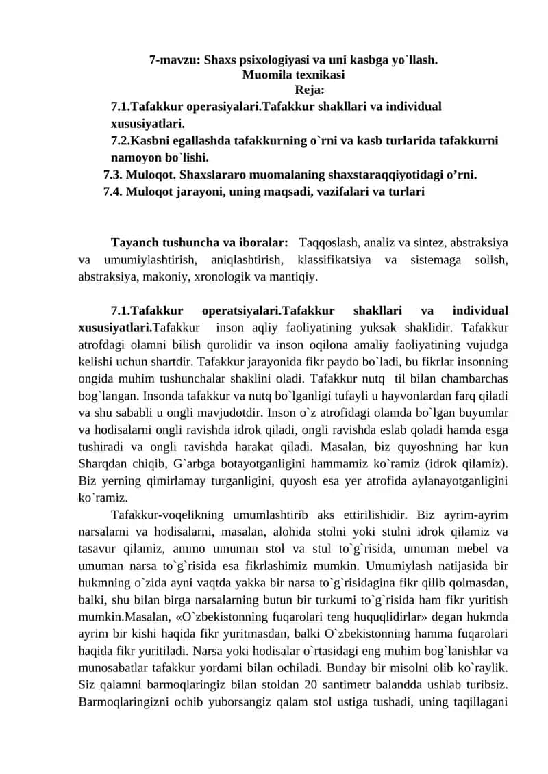 7-mavzu: Shaxs psixologiyasi va uni kasbga yo`llash. 1