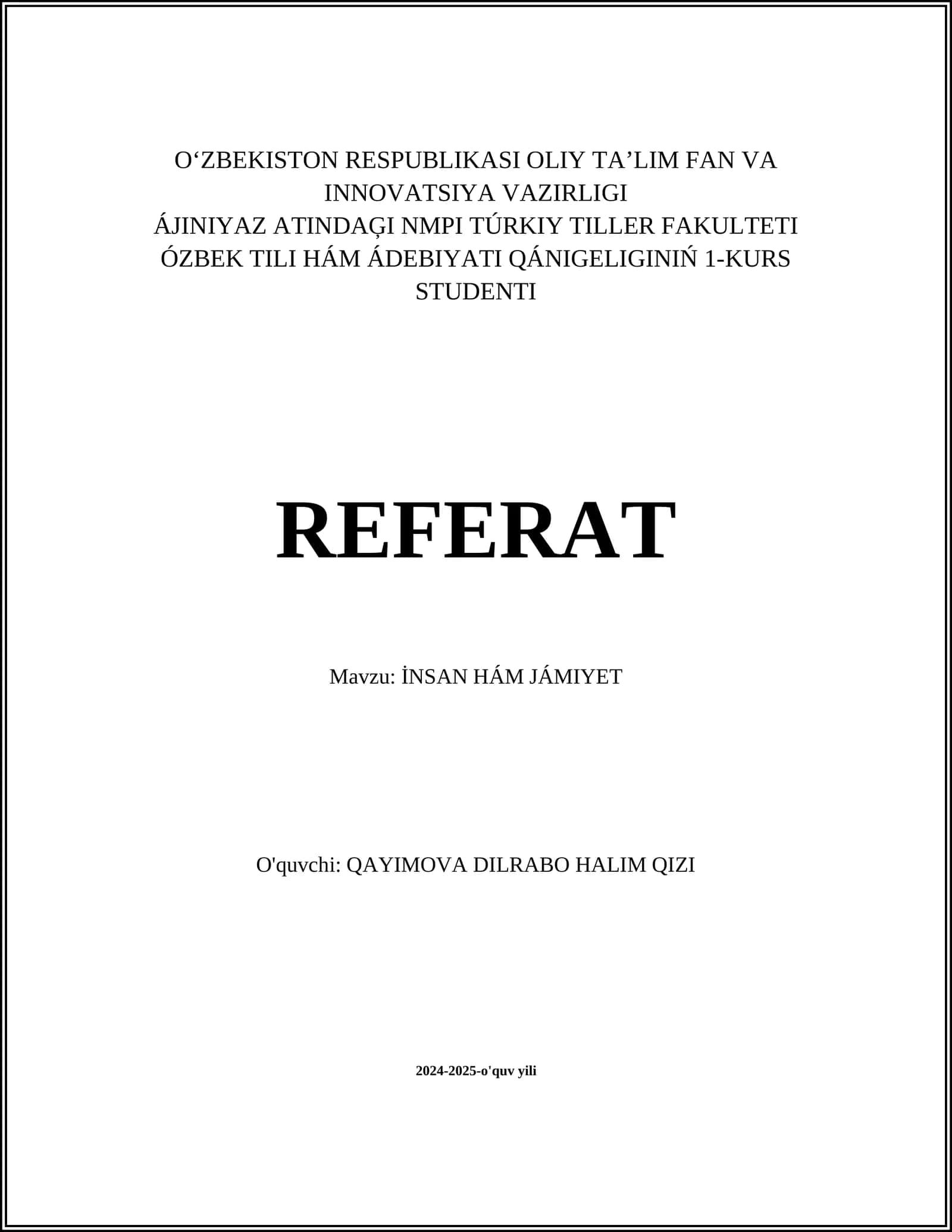 REFERAT Mavzu: İNSAN HÁM JÁMIYET 1