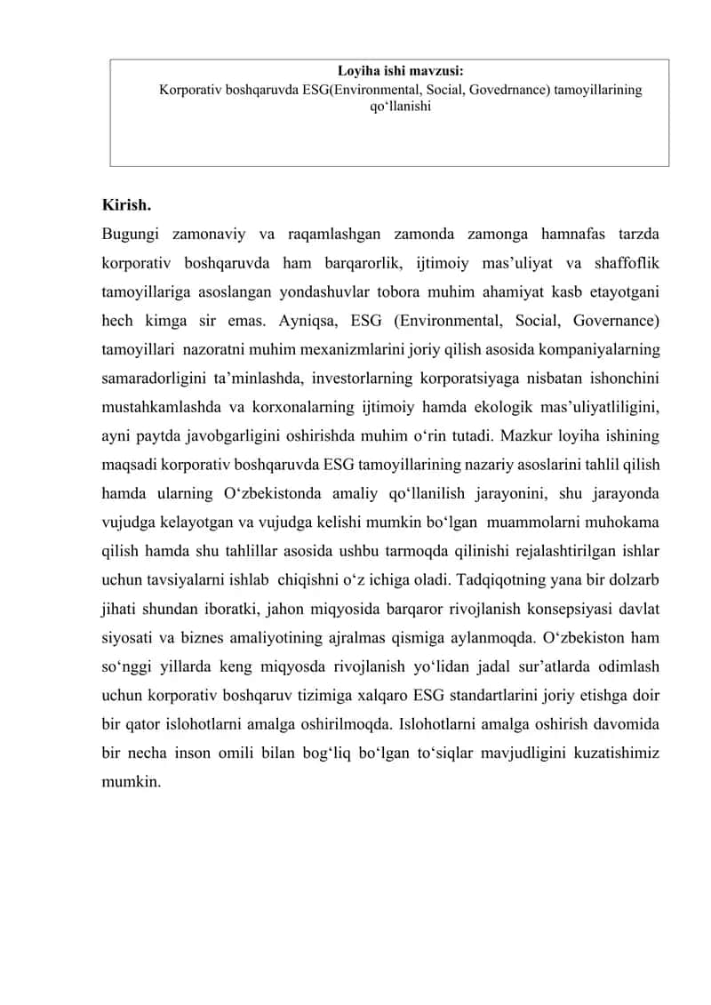 Loyiha ishi: ESG tamoyillarining qo‘llanishi 1