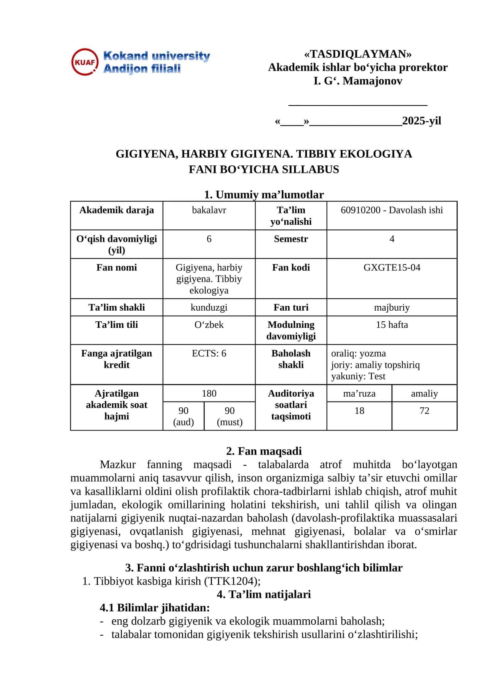 GIGIYENA, HARBIY GIGIYENA. TIBBIY EKOLOGIYA FANI BOʻYICHA SILLABUS 1