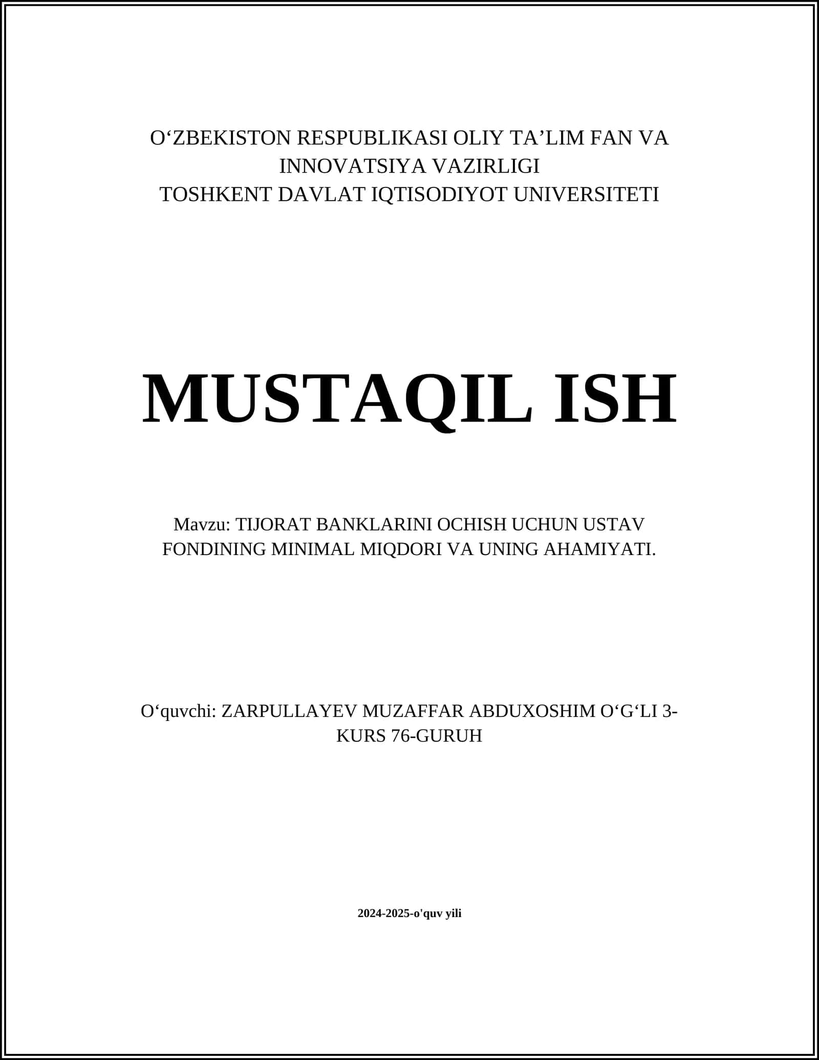 TIJORAT BANKLARINI OCHISH UCHUN USTAV FONDINING MINIMAL MIQDORI VA UNING AHAMIYATI 1