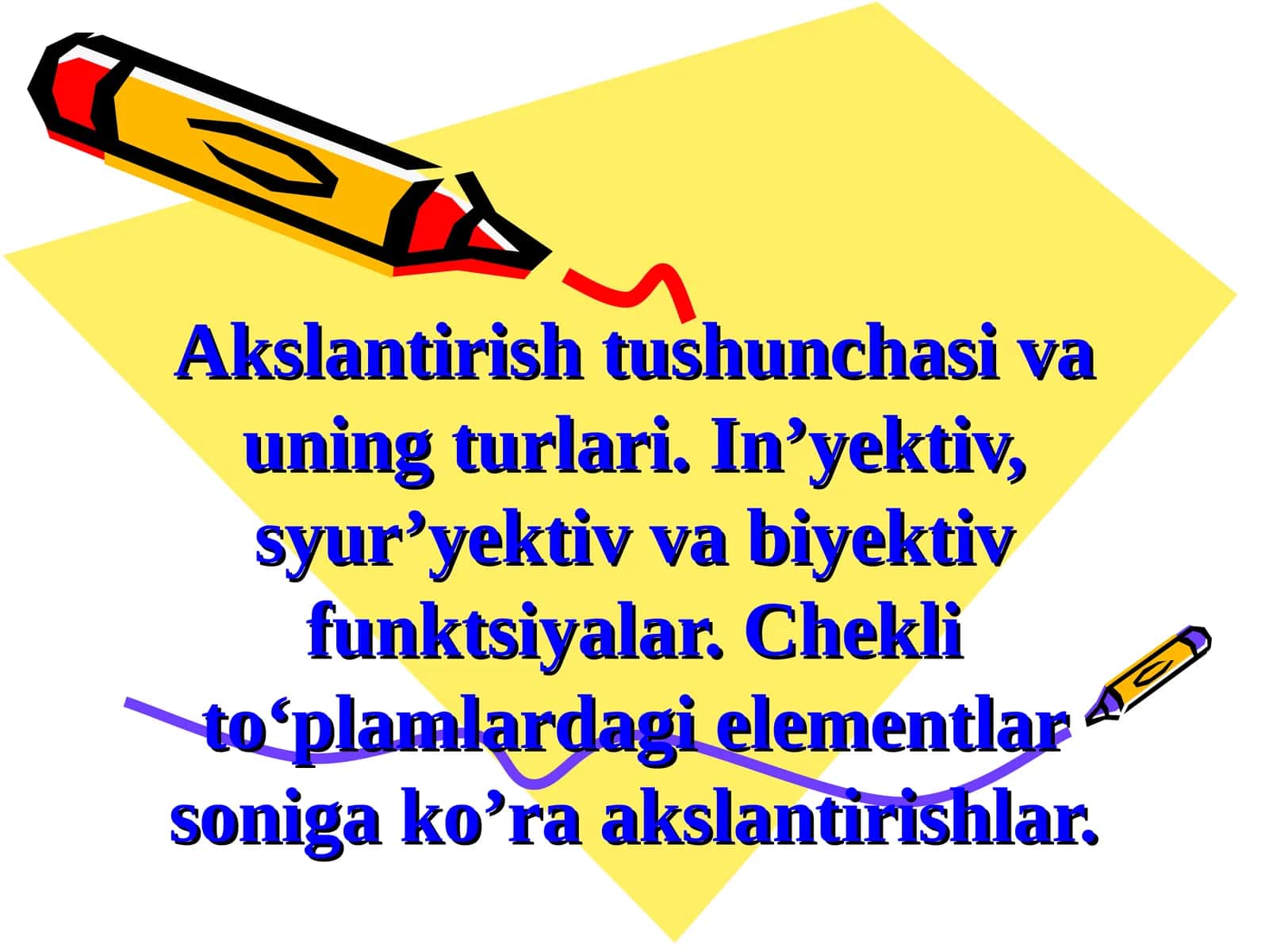 Akslantirish tushunchasi va uning turlari. In’yektiv, syur’yektiv va biyektiv funktsiyalar. Chekli to‘plamlardagi elementlar soniga ko’ra akslantirishlar 1