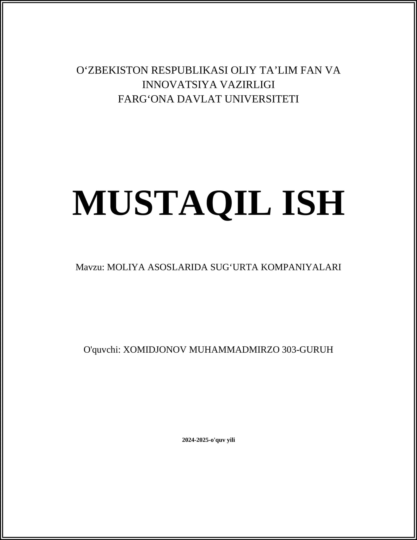 MOLIYA ASOSLARIDA SUGʻURTA KOMPANIYALARI 1