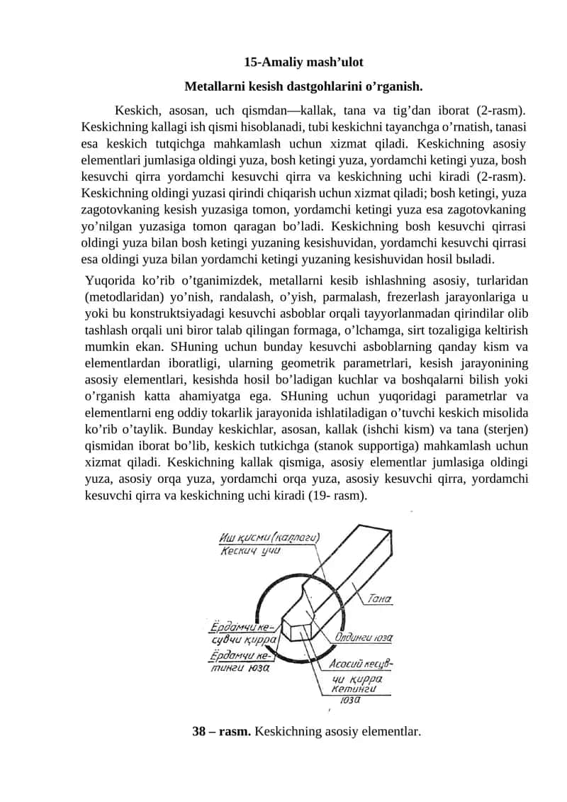 15-Amaliy mash’ulot. Metallarni kesish dastgohlarini o’rganish 1