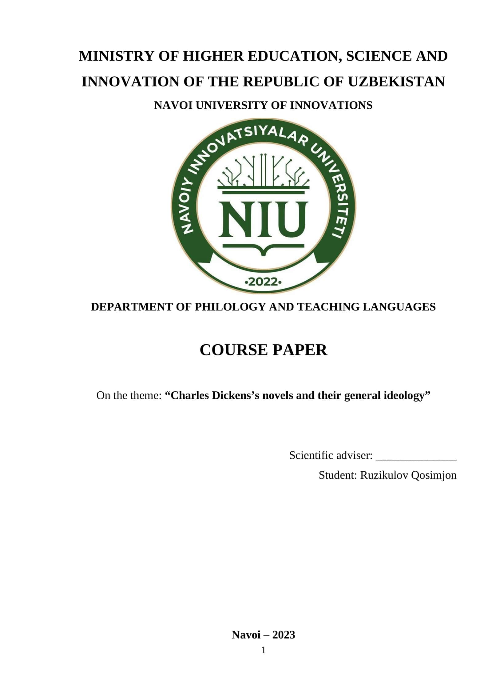 Course Paper on "Charles Dickens’s novels and their general ideology" 1