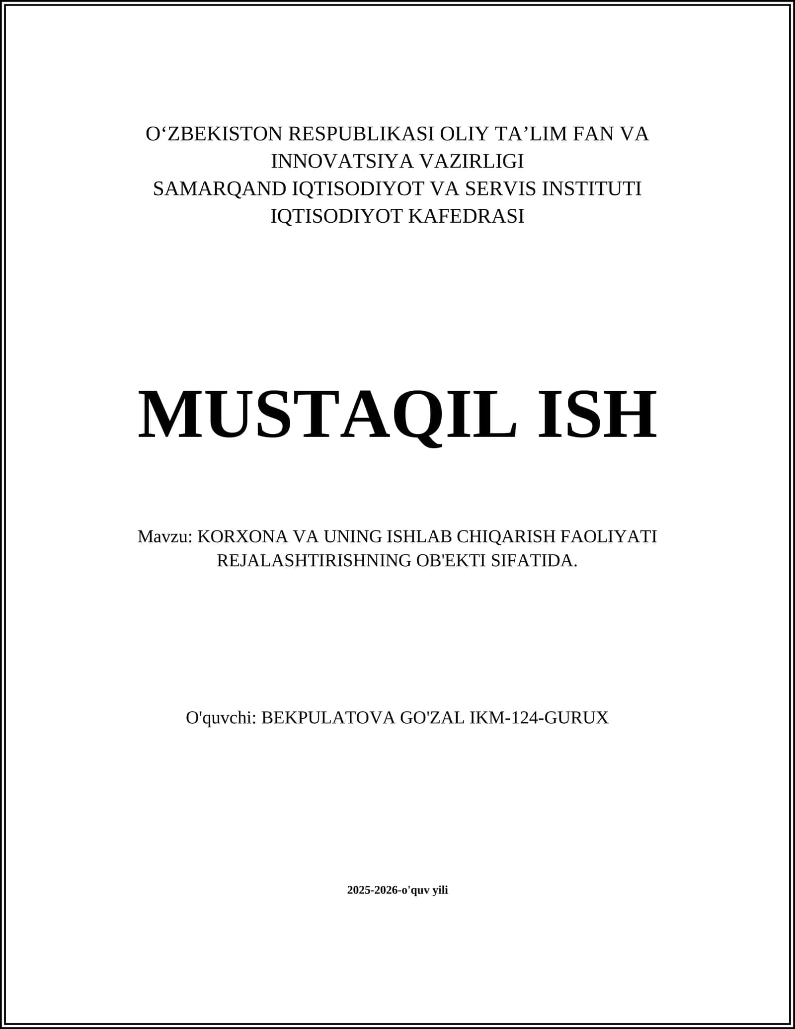 KORXONA VA UNING ISHLAB CHIQARISH FAOLIYATI REJALASHTIRISH 1