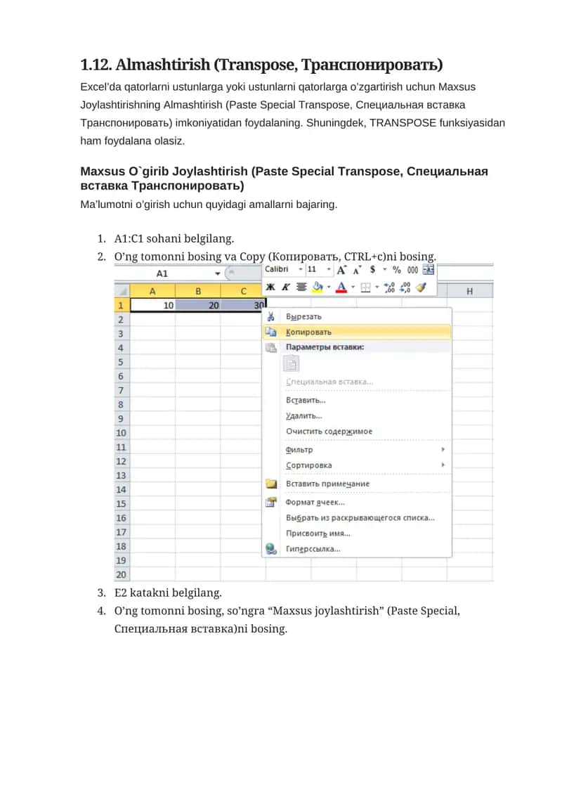 1.12. Almashtirish (Transpose, Транспонировать) 1