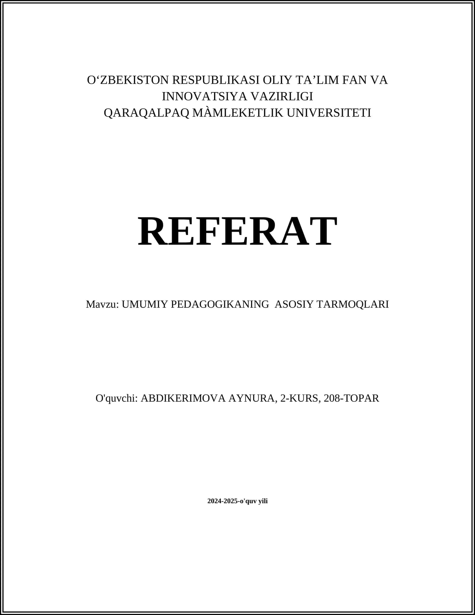 UMUMIY PEDAGOGIKANING ASOSIY TARMOQLARI 1