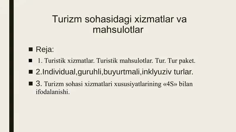 Turizm sohasidagi xizmatlar va mahsulotlar 1