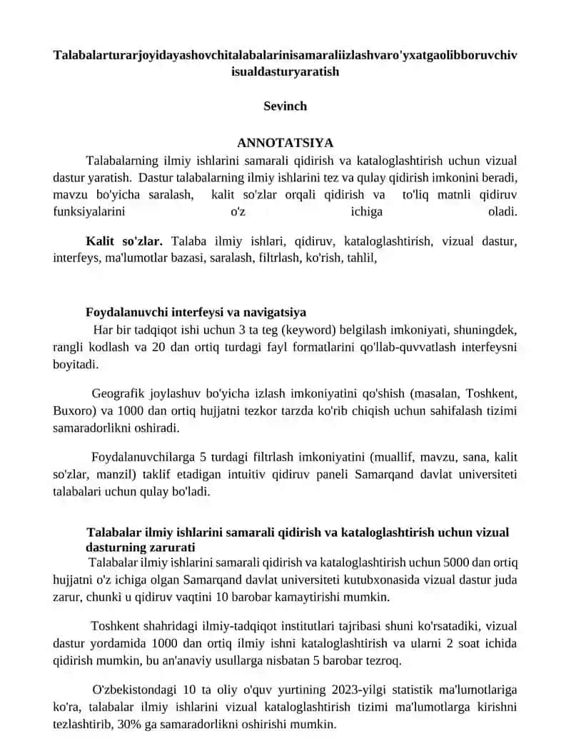 Talabalarning ilmiy ishlarini samarali izlash va ro'yhatga olish uchun vizual dastur yaratish