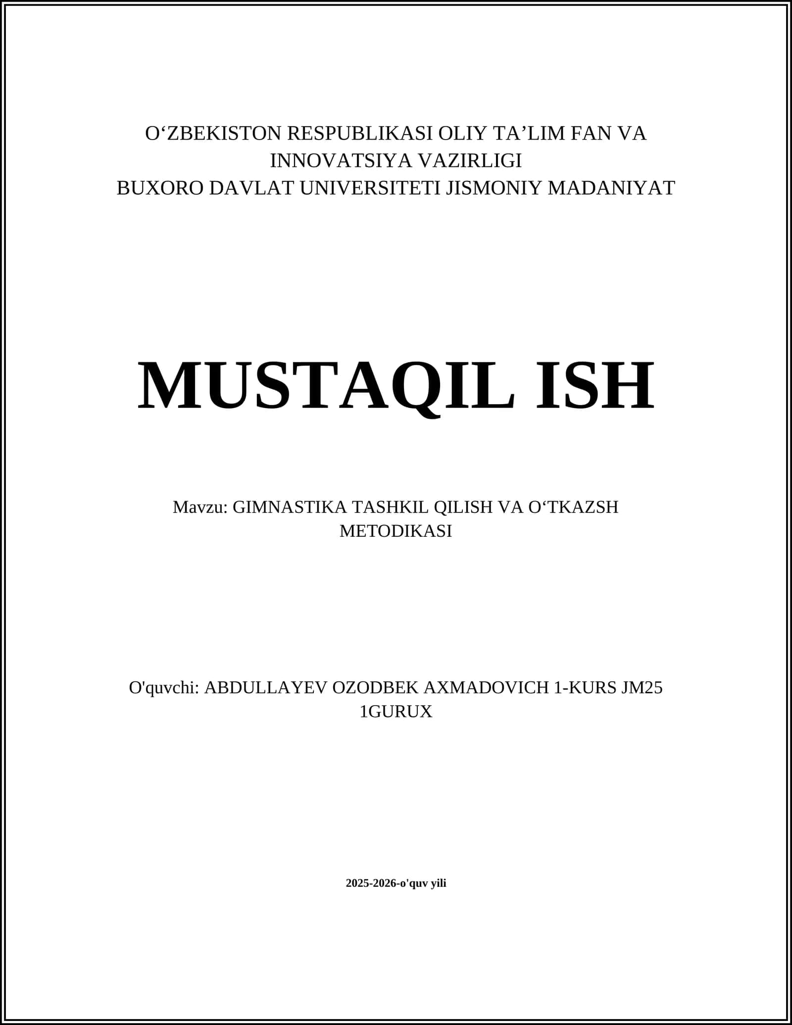 GIMNASTIKA TASHKIL QILISH VA OʻTKAZSH METODIKASI 1