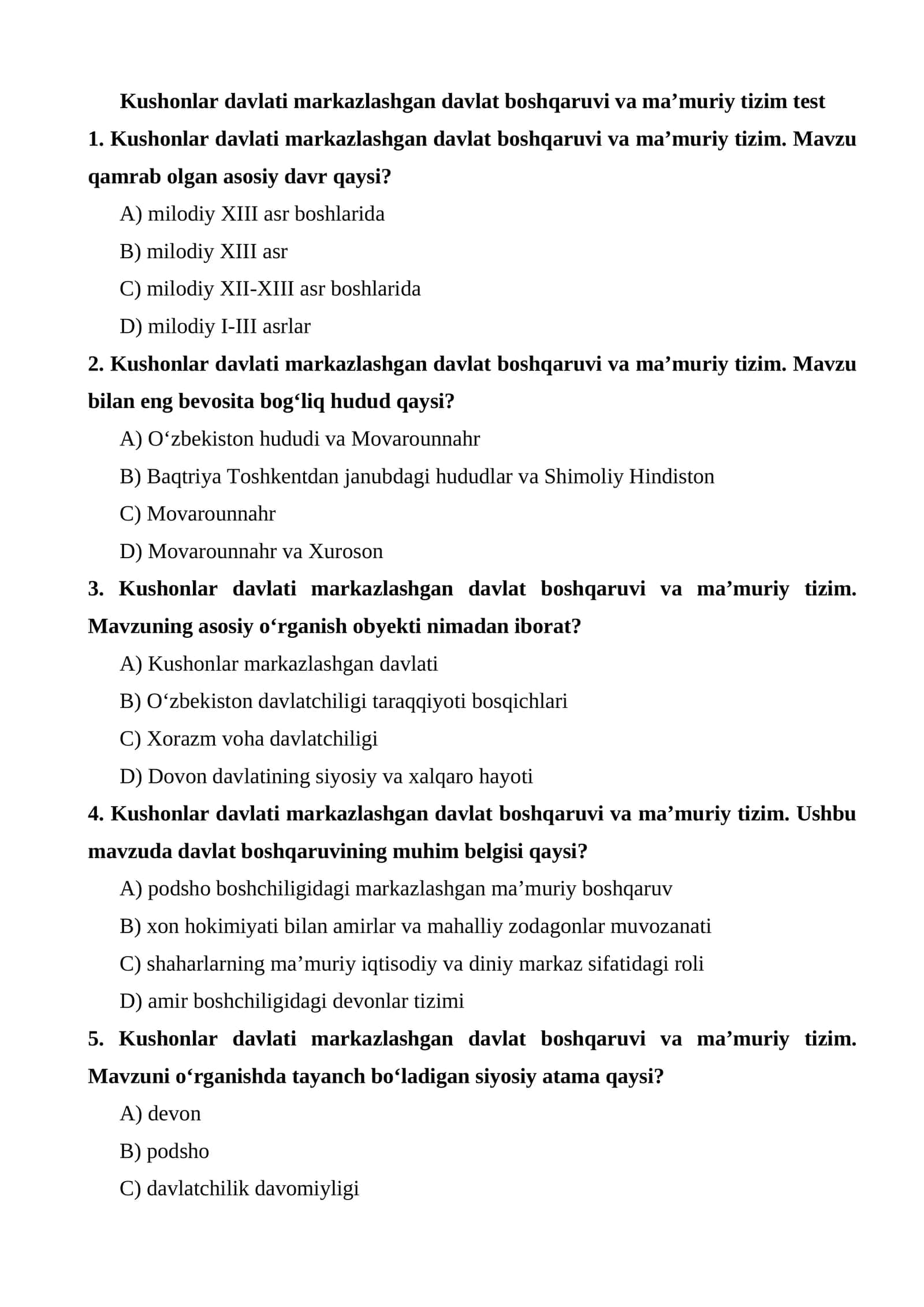Kushonlar davlati markazlashgan davlat boshqaruvi va ma’muriy tizim test 1