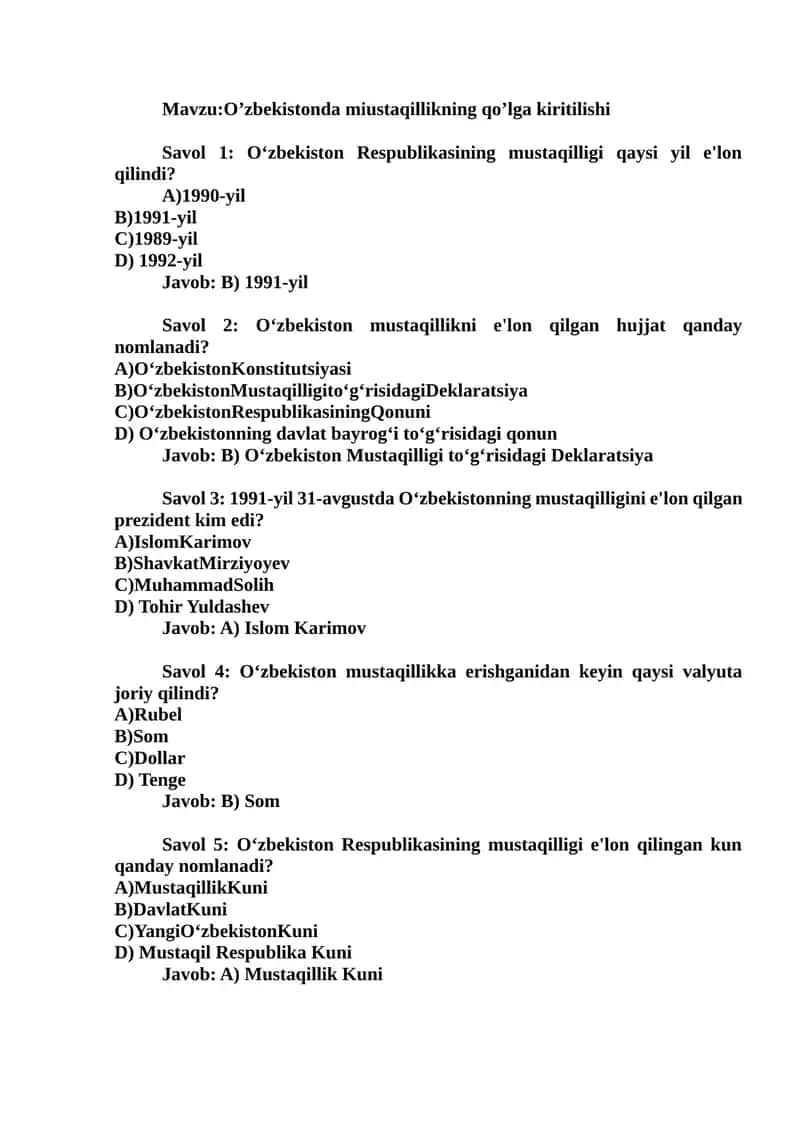 O‘zbekistonda miustaqillikning qo’lga kiritilishi 1