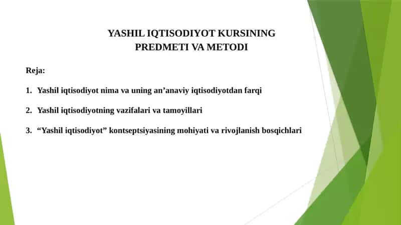 YASHIL IQTISODIYOT KURSINING PREDMETI VA METODI 1