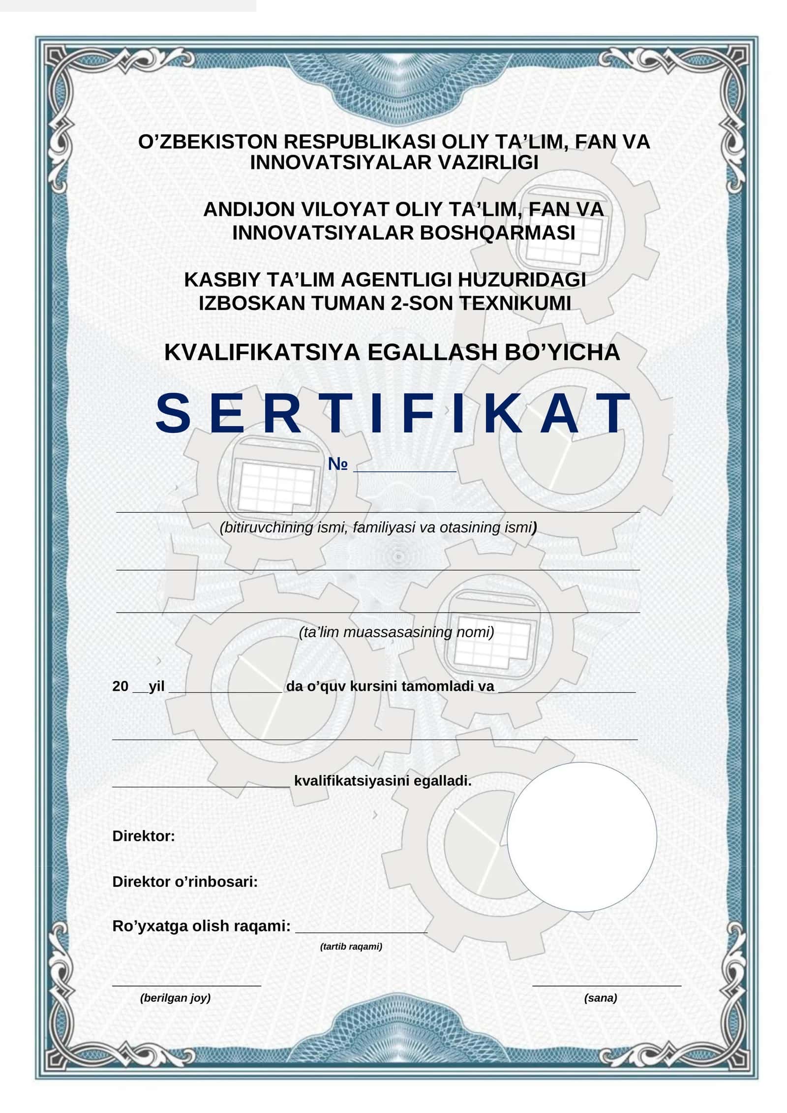 Сертификат техникум КВАЛИФИКАЦИЯ || KVALIFIKATSIYA EGALLASH BO’YICHA S E R T I F I K A T 1