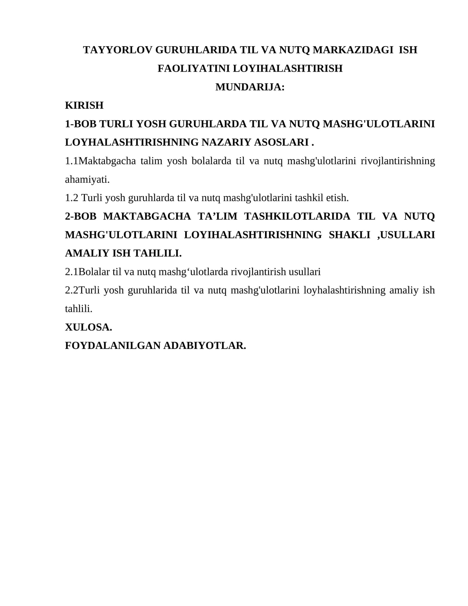 TAYYORLOV GURUHLARIDA TIL VA NUTQ MARKAZIDAGI  ISH FAOLIYATINI LOYIHALASHTIRISH 1