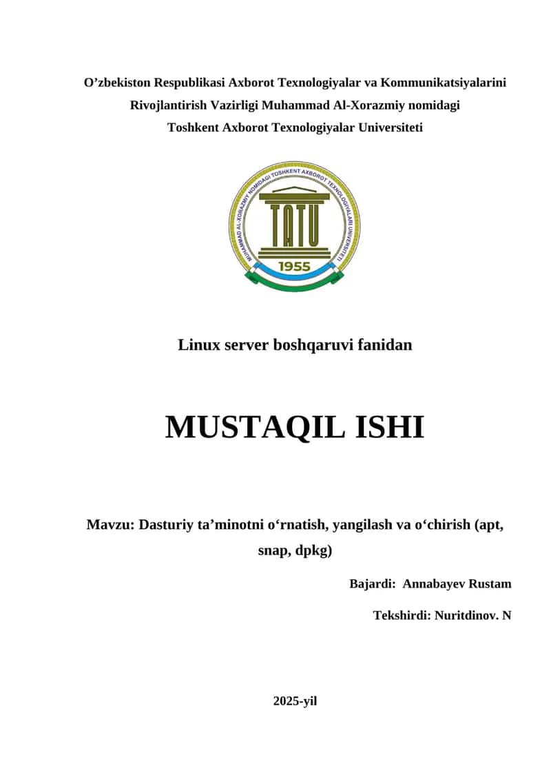 Dasturiy ta’minotni o‘rnatish, yangilash va o‘chirish (apt, snap, dpkg) 1