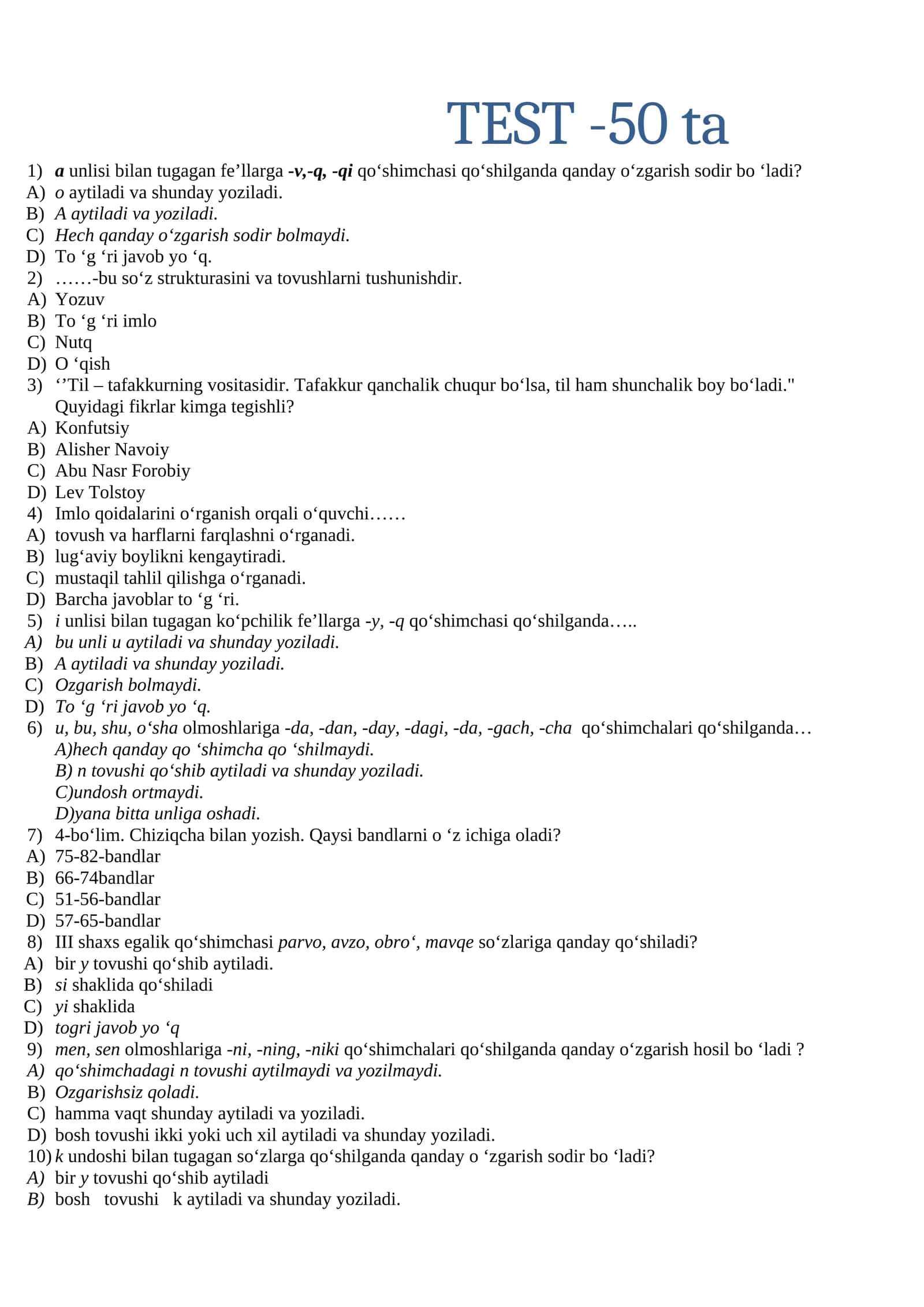 ona tiliga oid testlar 1