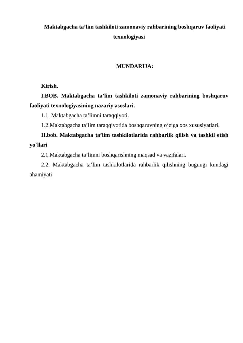 Maktabgacha ta’lim tashkiloti zamonaviy rahbarining boshqaruv faoliyati texnologiyasi 1