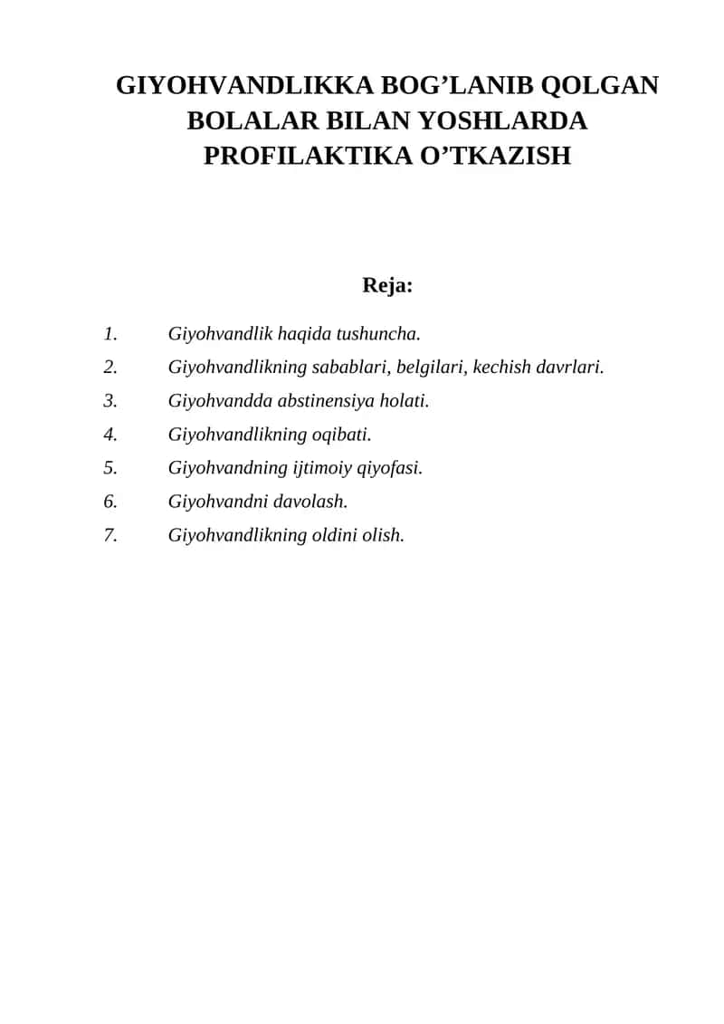 Giyohvandlikka Bog’lanib Qolgan Bolalar Bilan Yoshlarda Profilaktika O’tkazish 1