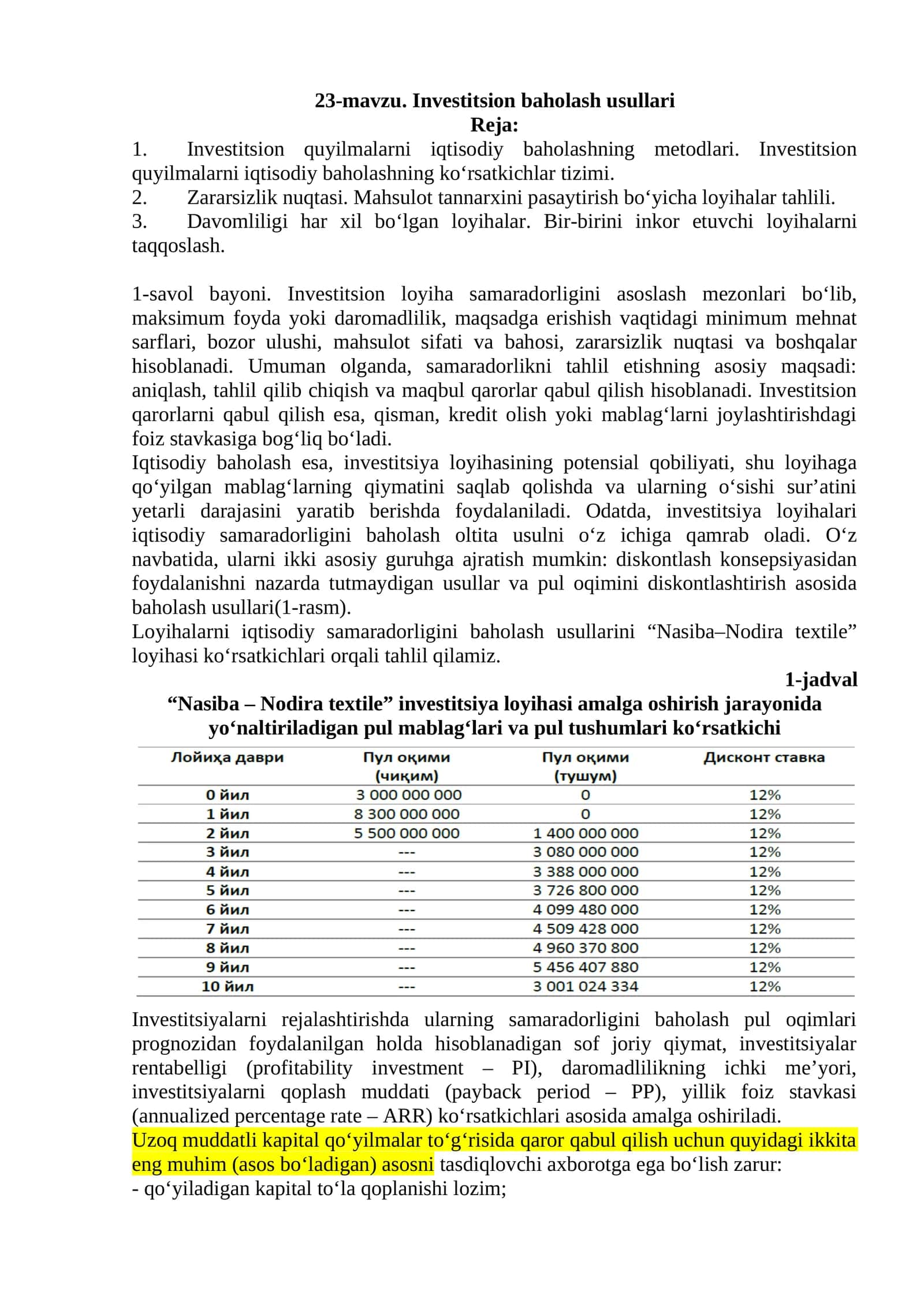 23-mavzu. Investitsion baholash usullari 1