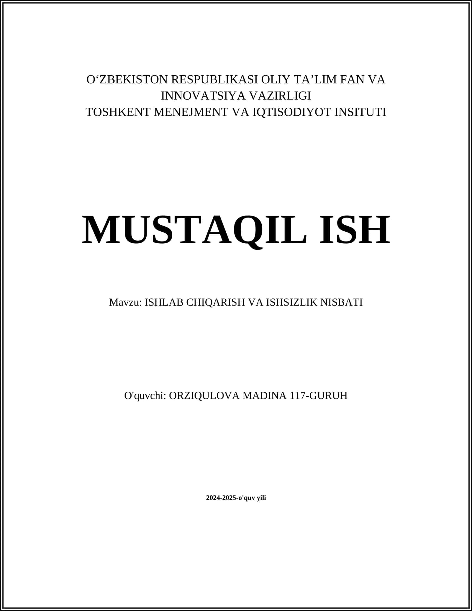 ISHLAB CHIQARISH VA ISHSIZLIK NISBATI 1