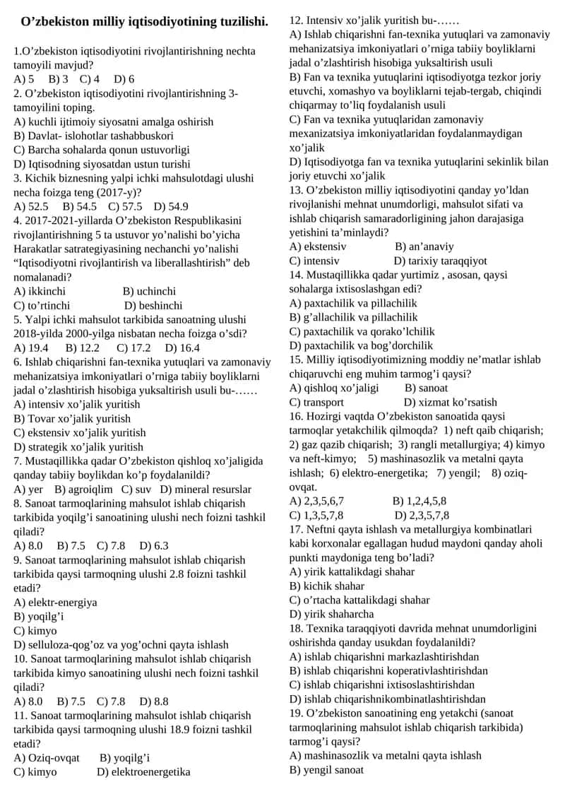 O’zbekiston milliy iqtisodiyotining tuzilishi 1