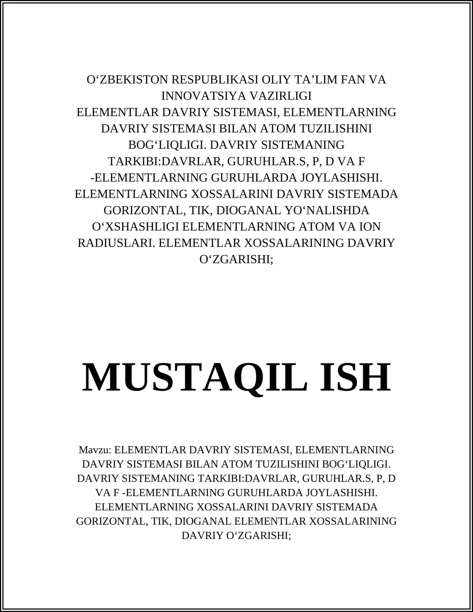 ELEMENTLAR DAVRIY SISTEMASI, ELEMENTLARNING DAVRIY SISTEMASI BILAN ATOM TUZILISHINI BOGʻLIQLIGI 1