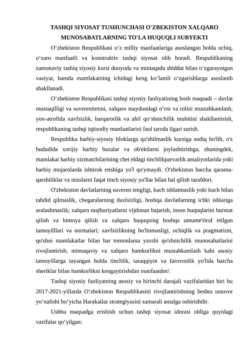 TASHQI SIYOSAT TUSHUNCHASI O'ZBEKISTON XALQARO MUNOSABATLARNING TO'LA HUQUQLI SUBYEKTI 1