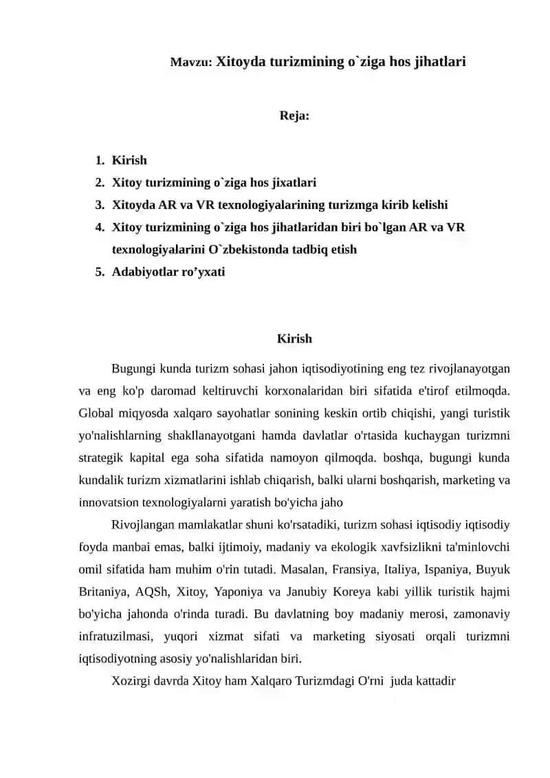 Xitoyda turizmining o`ziga hos jihatlari 1