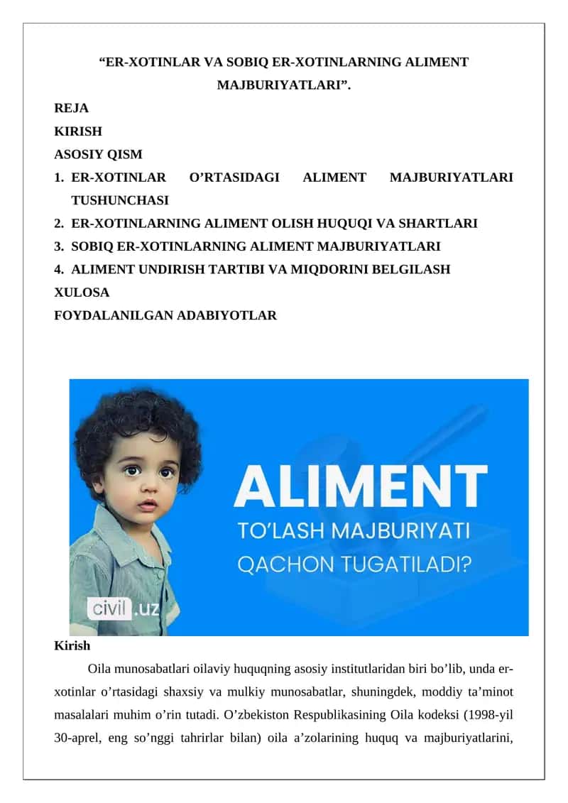 Er-xotinlar va sobiq er-xotinlarning aliment majburiyatlari 1