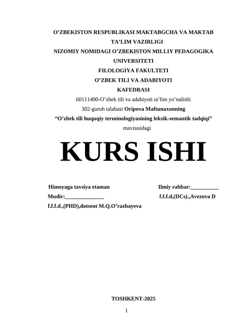 "O'zbek tili huquqiy terminologiyasining leksik-semantik tadqiqi" 1
