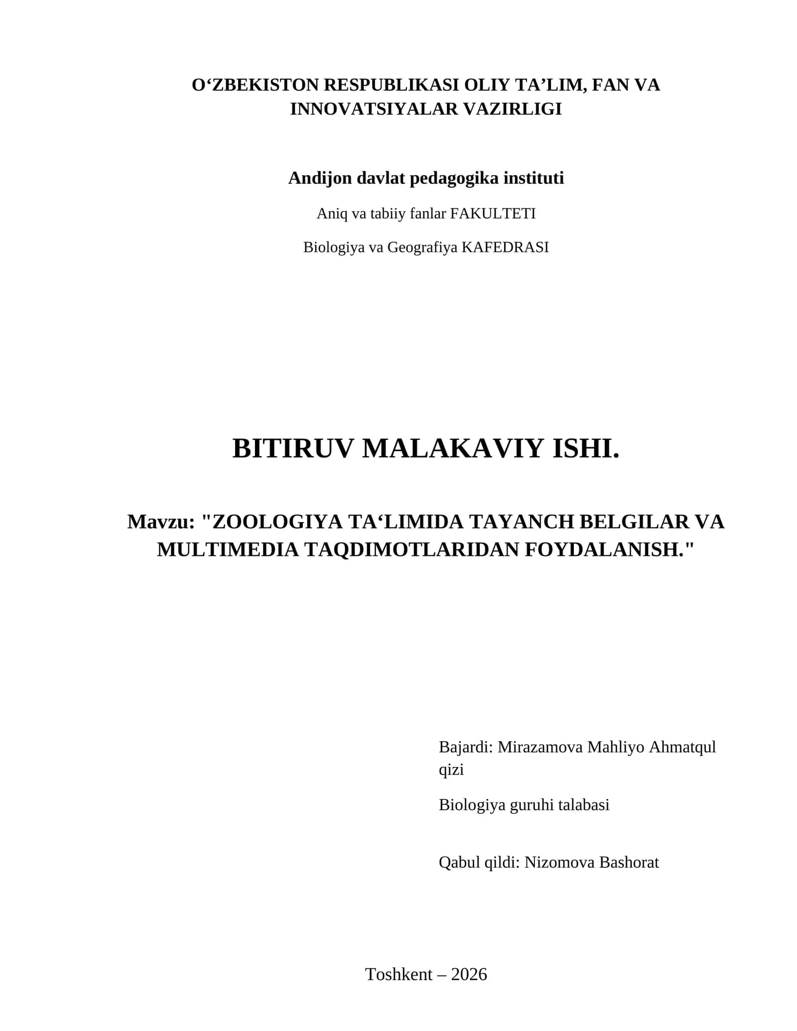 Zoologiya ta‘limida tayanch belgilar va multimedia taqdimotlaridan foydalanish. 1