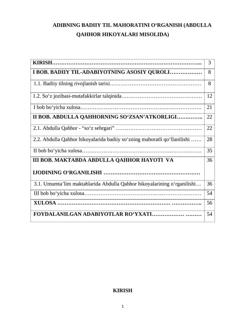 ADIBNING BADIIY TIL MAHORATINI O‘RGANISH (ABDULLA QAHHOR HIKOYALARI MISOLIDA) 1