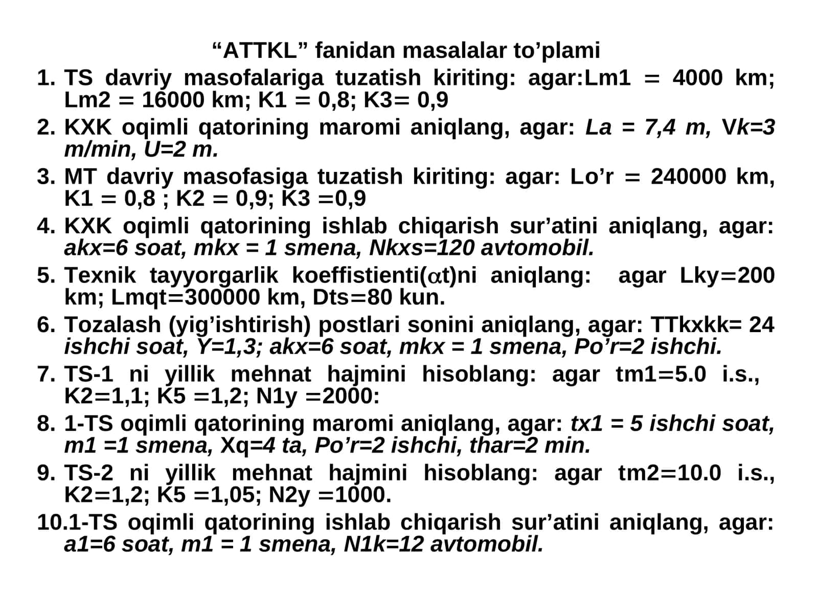 "ATTKL" fanidan masalalar to'plami 1