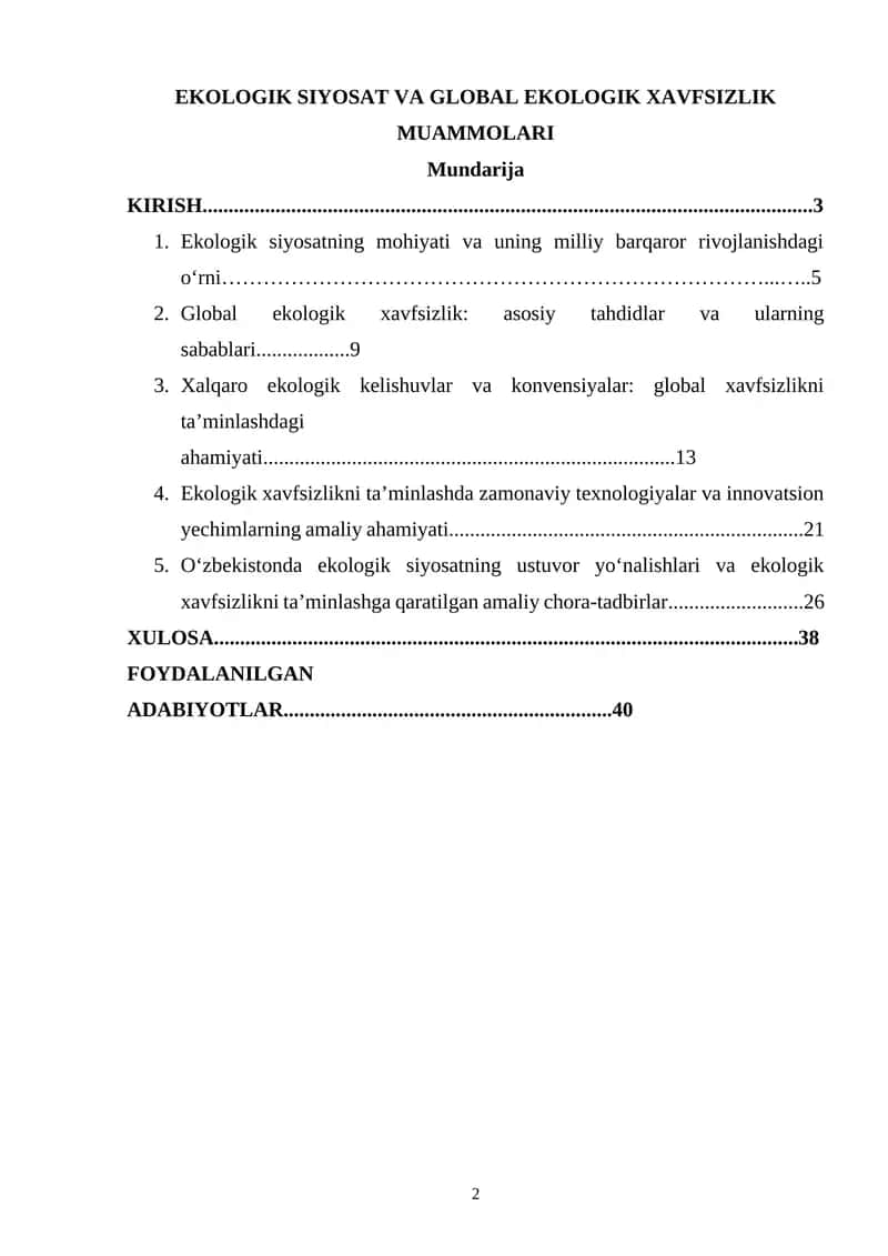 EKOLOGIK SIYOSAT VA GLOBAL EKOLOGIK XAVFSIZLIK MUAMMOLARI 1
