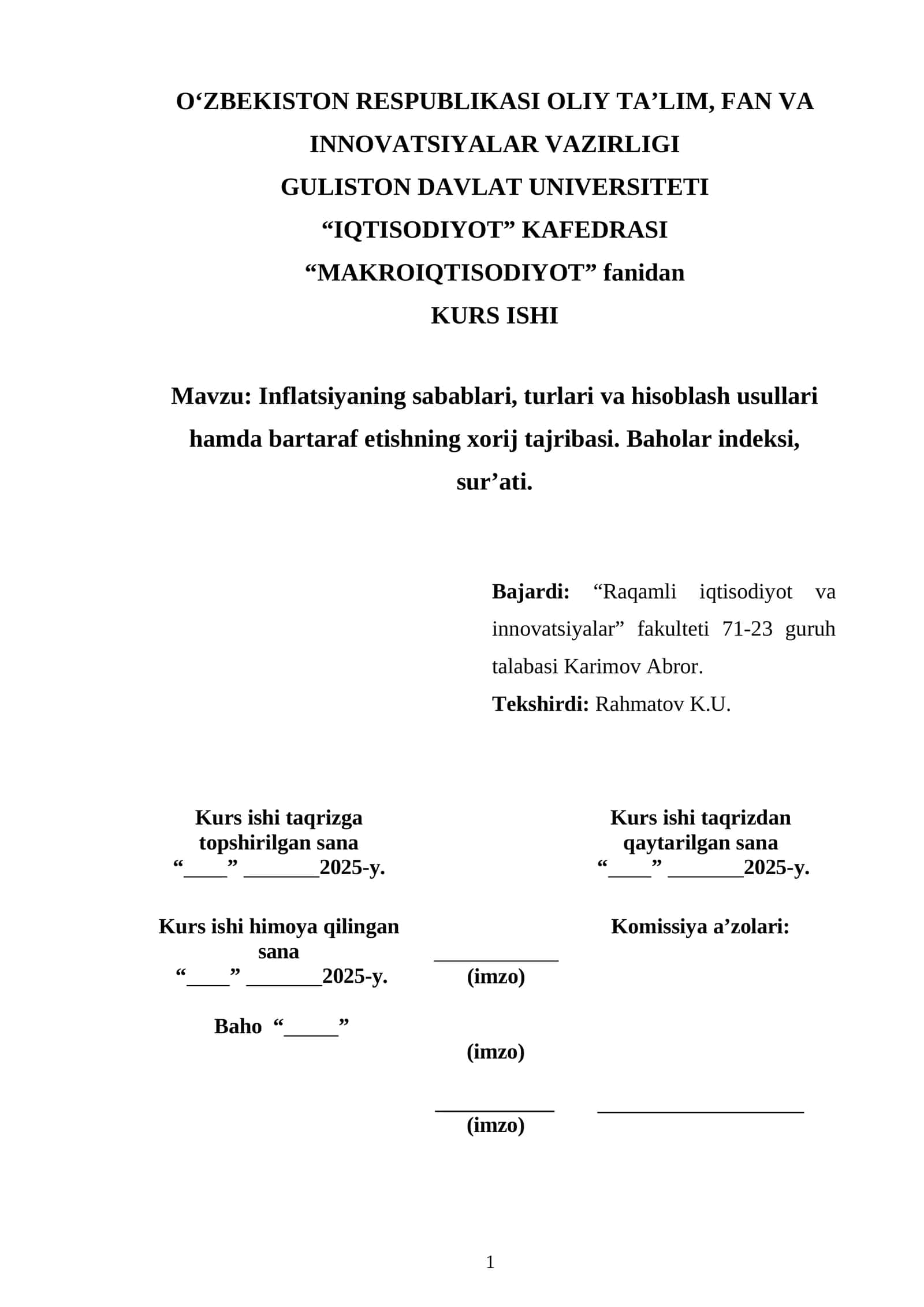 Inflatsiyaning sabablari, turlari va hisoblash usullari hamda bartaraf etishning xorij tajribasi 1