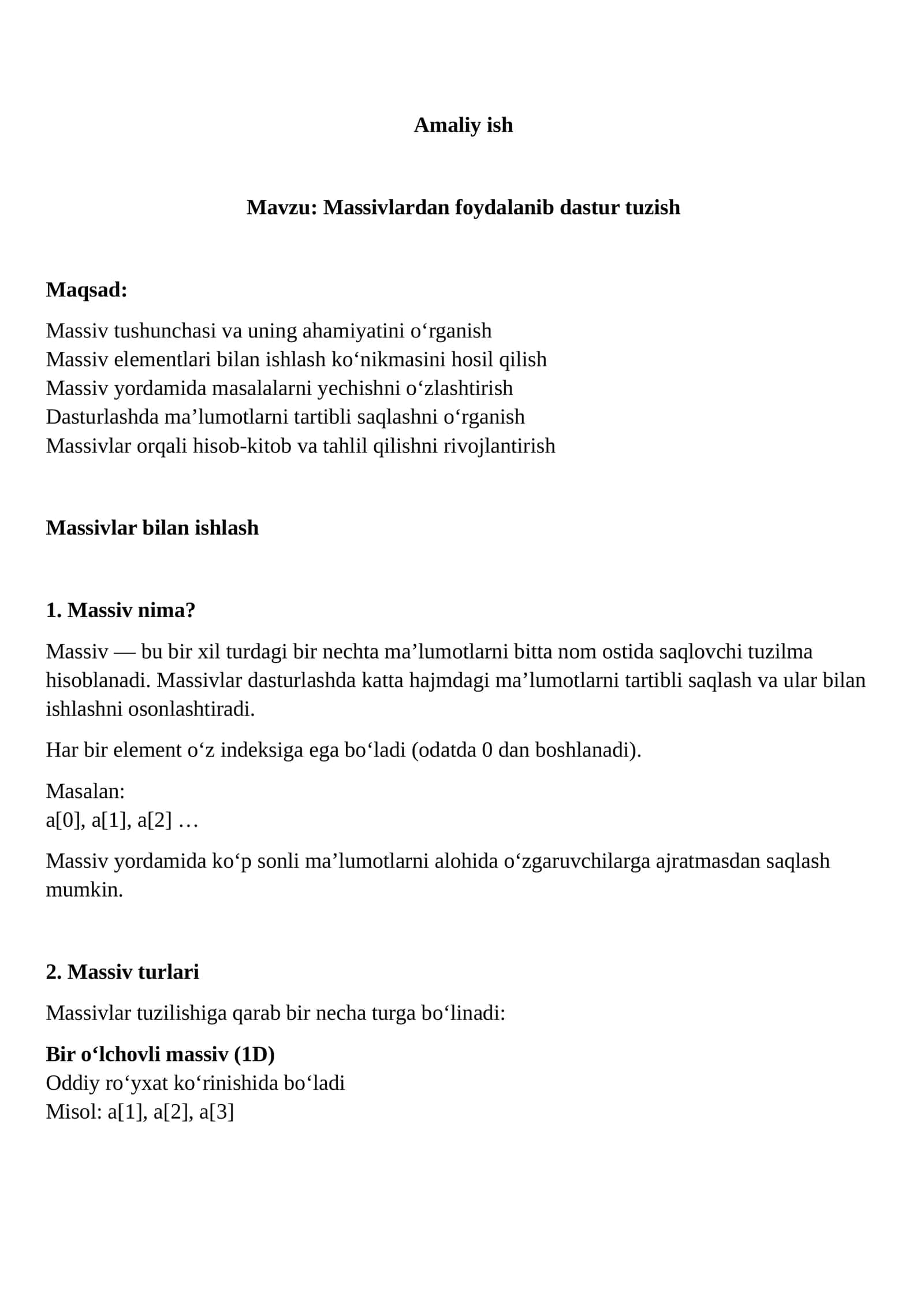 Massivlardan foydalanib dastur tuzish 1