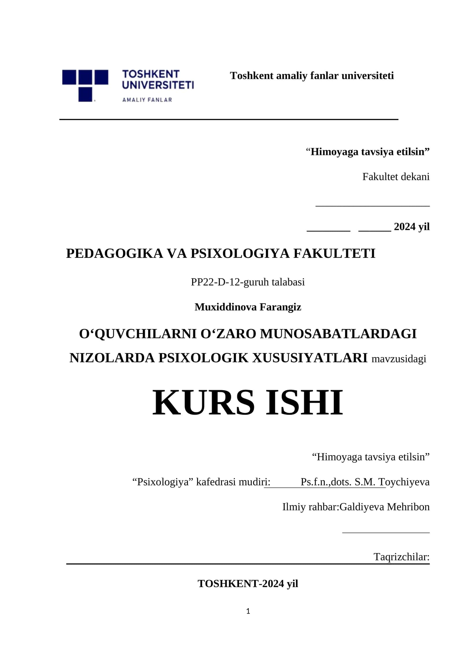 O‘QUVCHILARNI O‘ZARO MUNOSABATLARDAGI NIZOLARDA PSIXOLOGIK XUSUSIYATLARI 1