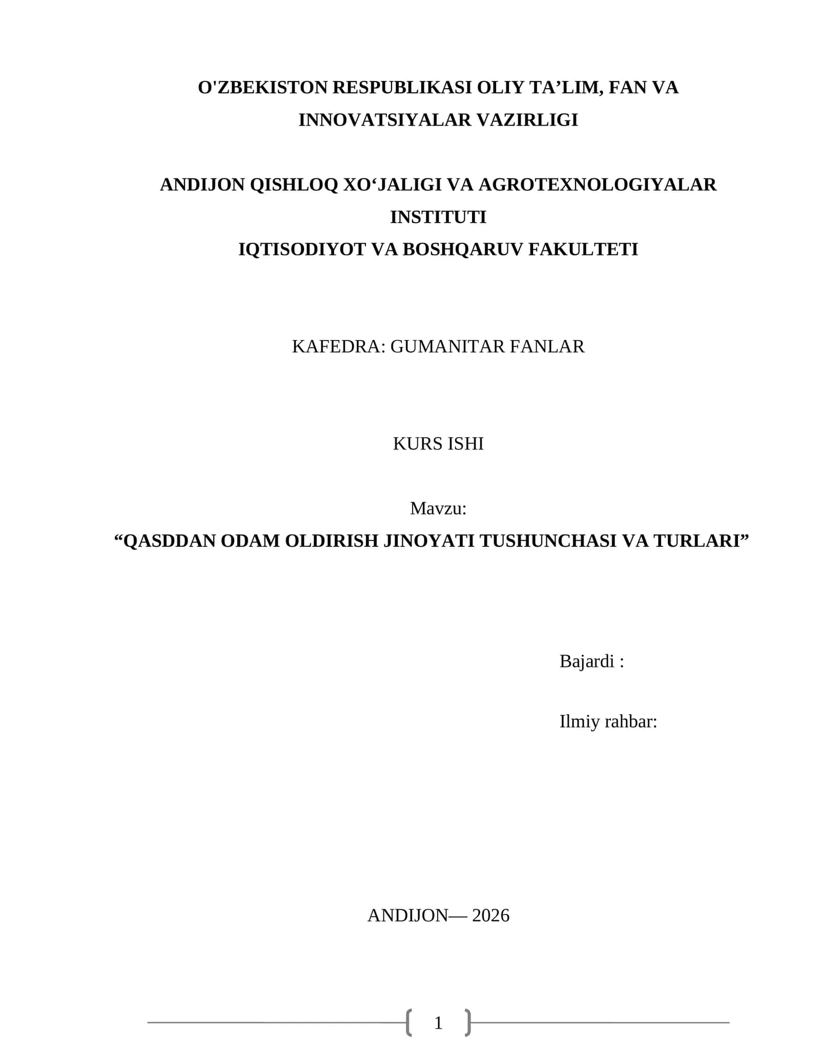 “QASDDAN ODAM OLDIRISH JINOYATI TUSHUNCHASI VA TURLARI” 1