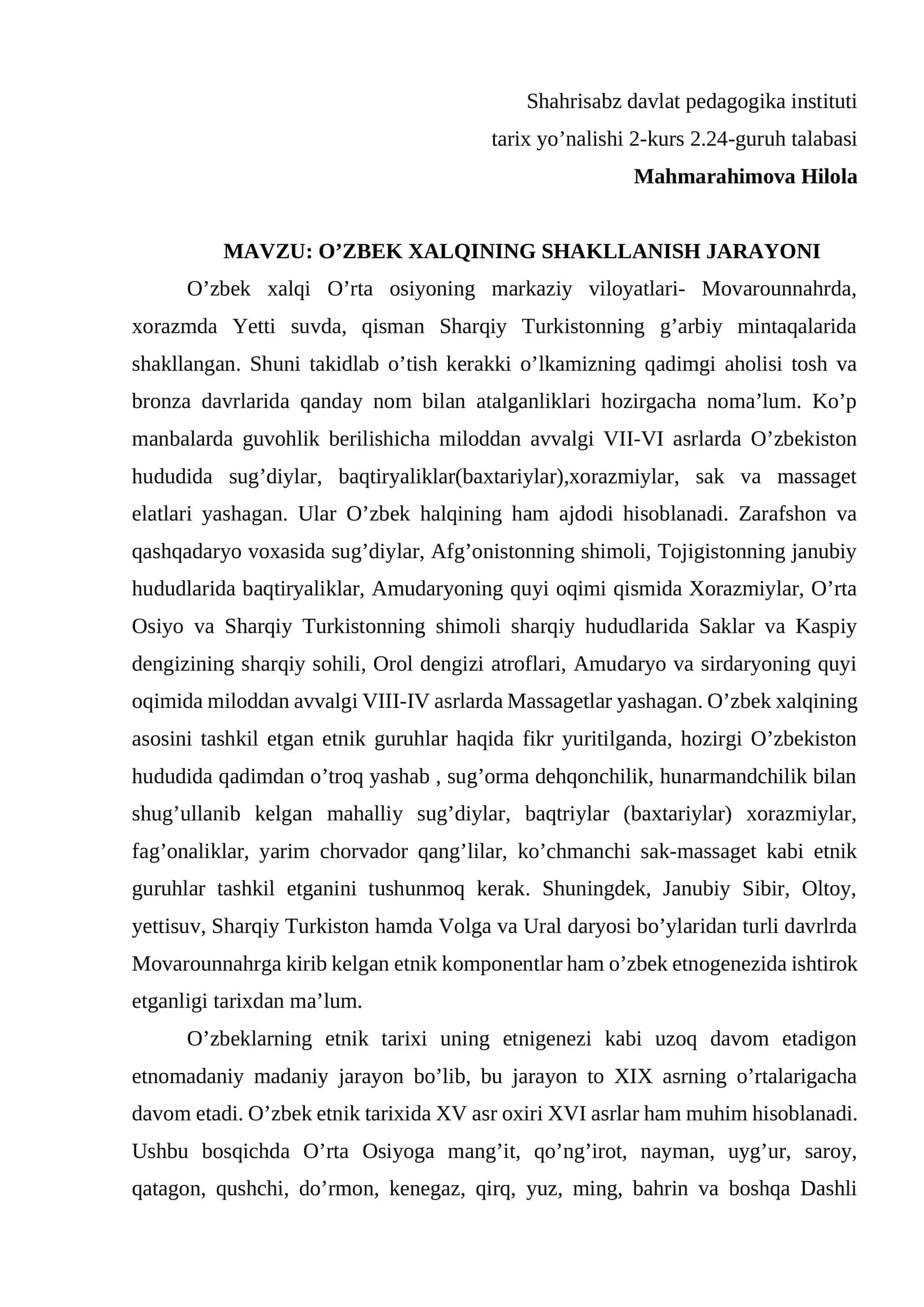 O'ZBEK XALQINING SHAKLLANISH JARAYONI 1