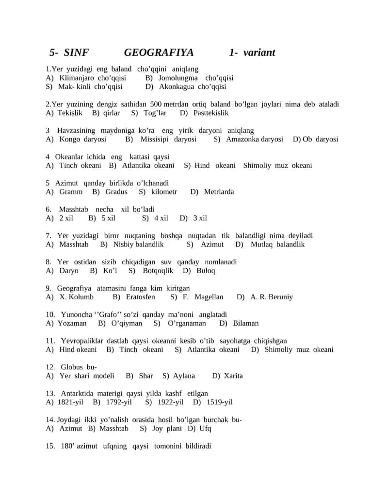 5-SINF GEOGRAFIYA fanidan Test 1