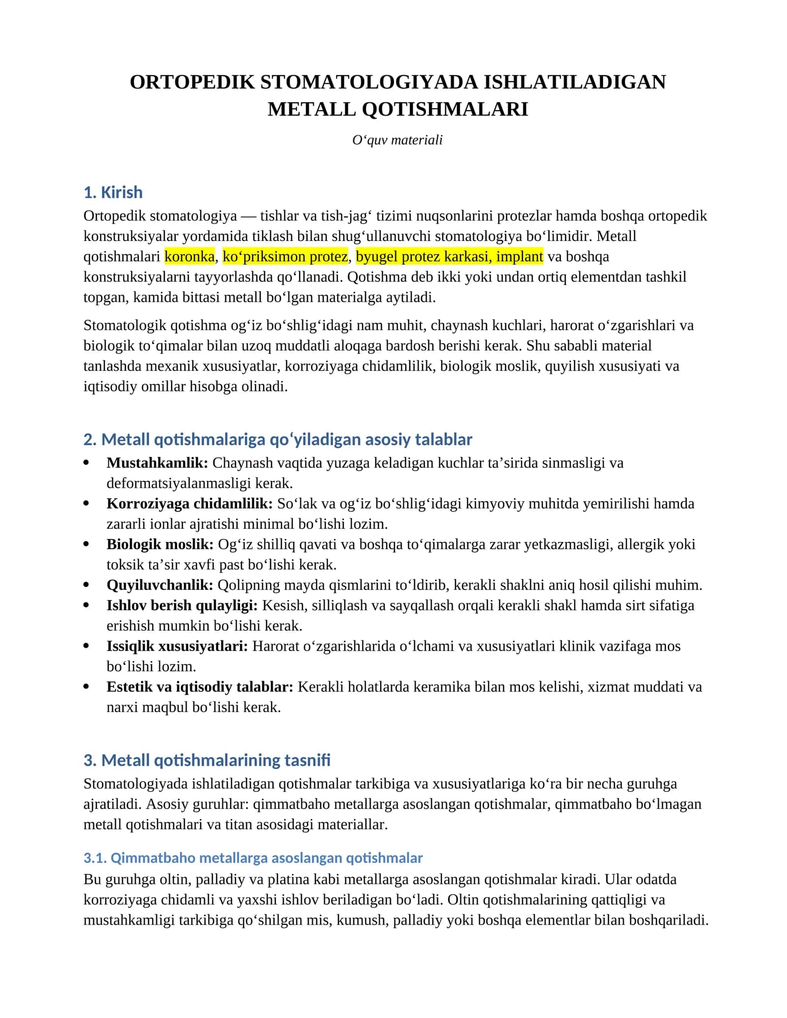 ORTOPEDIK STOMATOLOGIYADA ISHLATILADIGAN METALL QOTISHMALARI 1