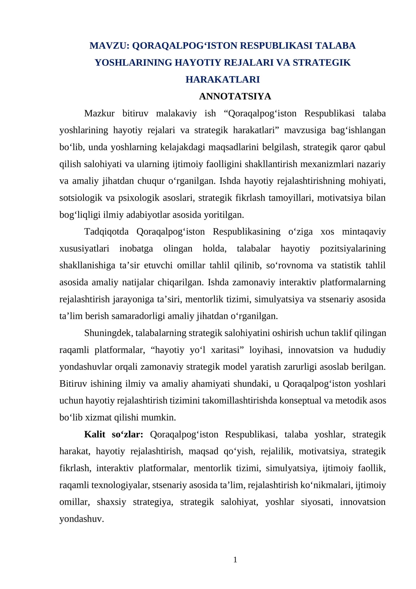 QORAQALPOG‘ISTON RESPUBLIKASI TALABA YOSHLARINING HAYOTIY REJALARI VA STRATEGIK HARAKATLARI 1
